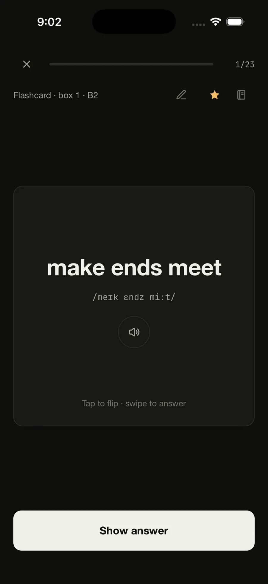 Flashcard in dark mode from an English notebook: make ends meet with its pronunciation and an audio button, face down