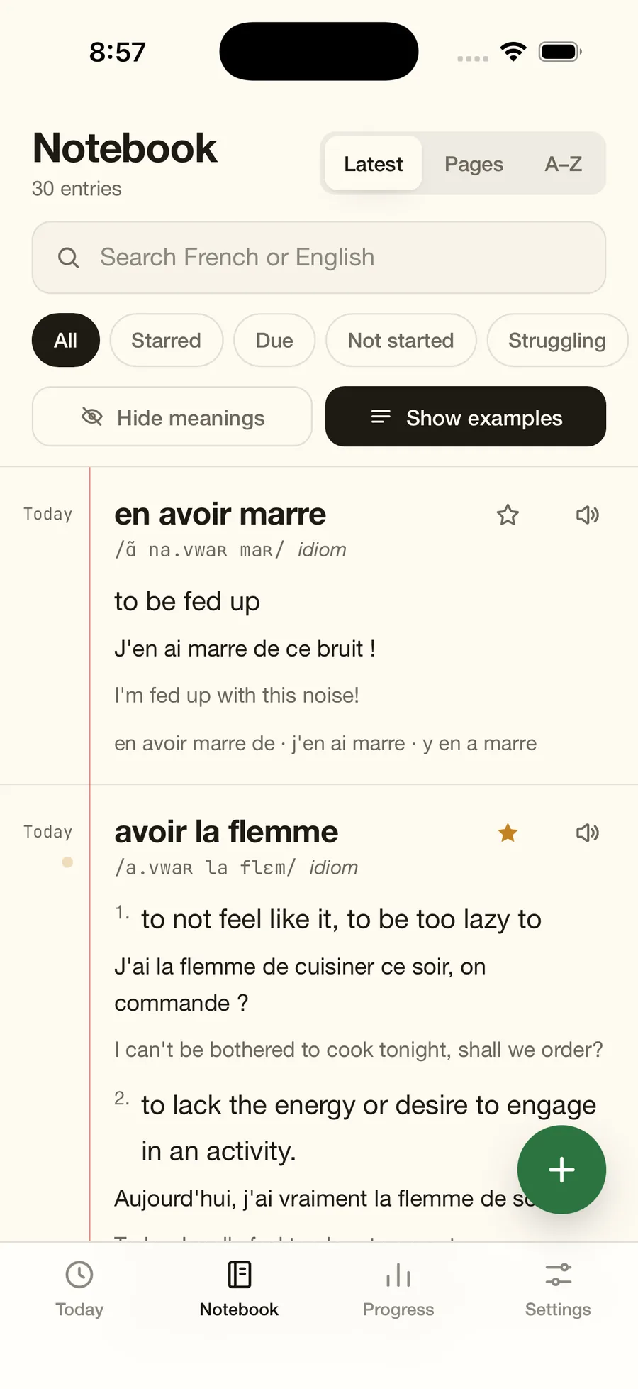 Notebook screen of a French notebook: 30 entries, the phrases en avoir marre and avoir la flemme with pronunciation, meanings and examples