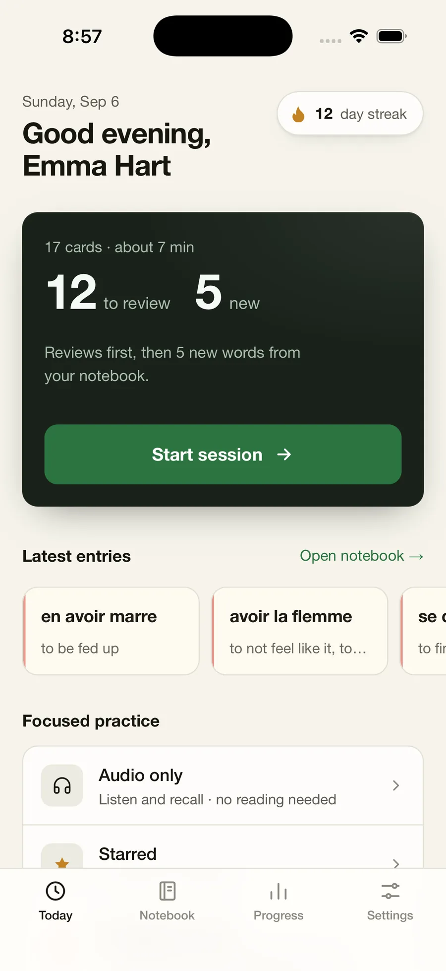 Today screen of a French notebook: 12 words to review, 5 new, 12-day streak, with a Start session button